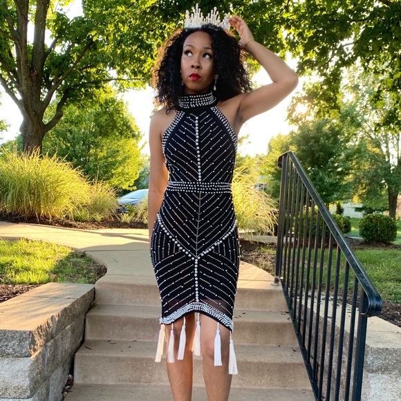 Beaded Pearl and Rhinestone Bandage Dress - Picture 4 of 14